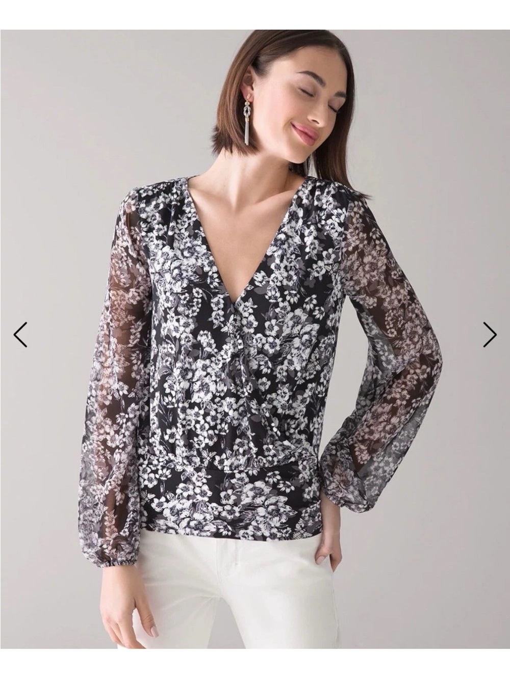 White House Black Market Floral Matte Jersey Surplice Top L